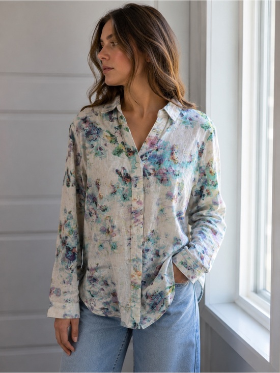 For Cynthia Tops - For Cynthia Linen Blend Button Down Abstract Water Colour Long Sleeve Size M‌‌‌